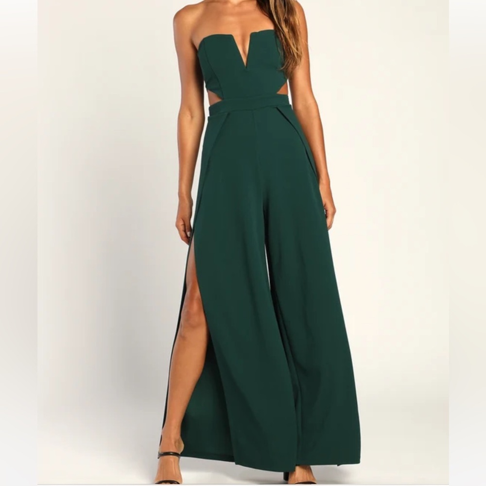 Lulu's Dark Green Strapless Jumpsuit